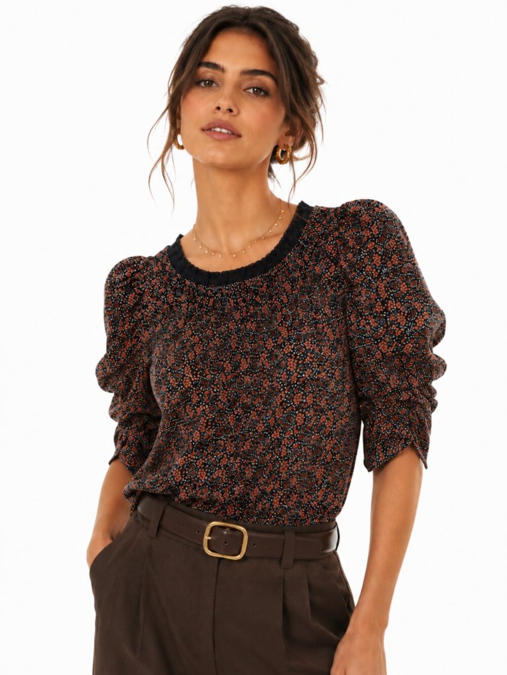 Avec Les Filles Ditsy Floral Puff Sleeve Blouse Black Rust Ruffle Neck XXS